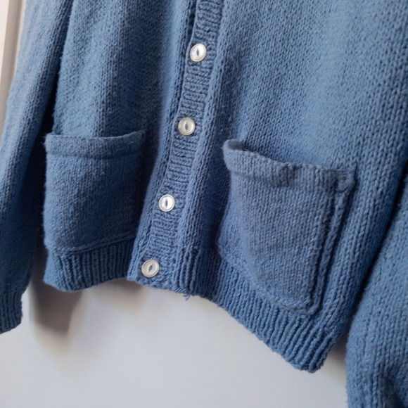 Vintage Handmade Light Blue Knit Cardigan Womens L Chunky Grandpa Sweater Indie - Picture 6 of 9